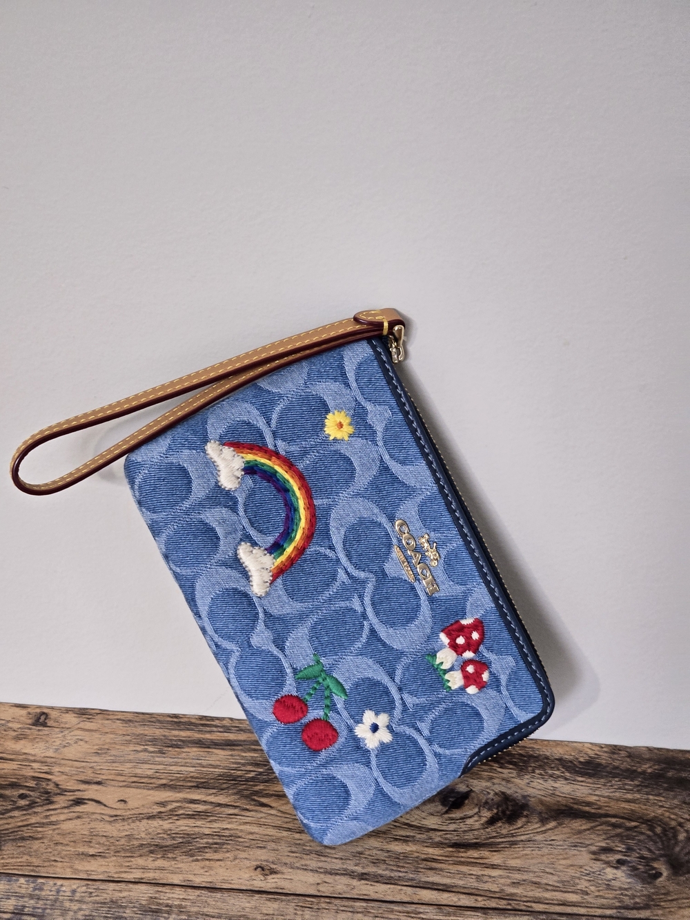 NWT Coach Denim Wristlet with Rainbow & Floral Embroidery